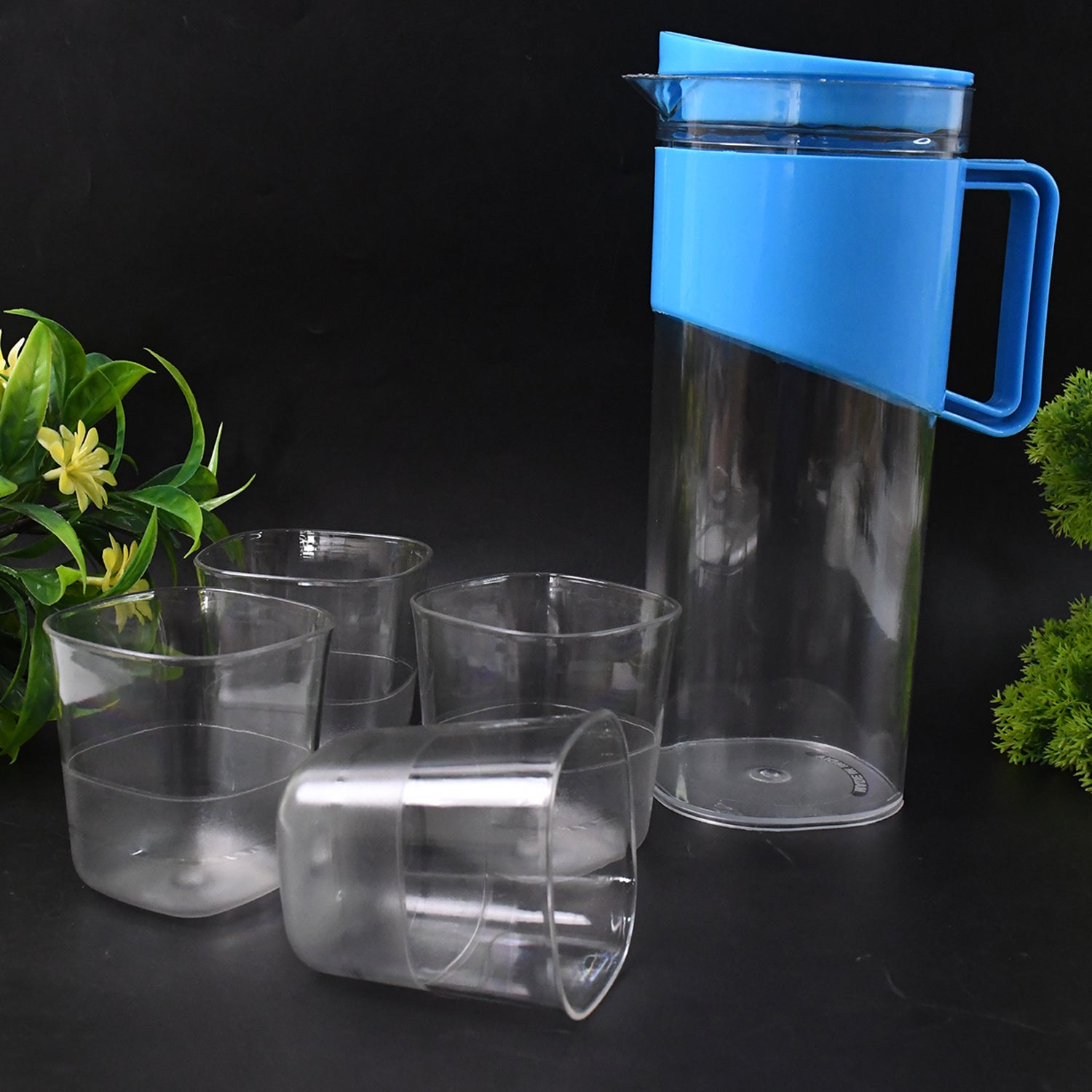 Transparent Stylish Premium Jug with Elegant Handle (2000 ML Jug Approx & 4 Pcs Plastic Glass) Transparent Stylish Premium Jug with Elegant Handle (2000 ML Jug Approx & 4 Pcs Plastic Glass)